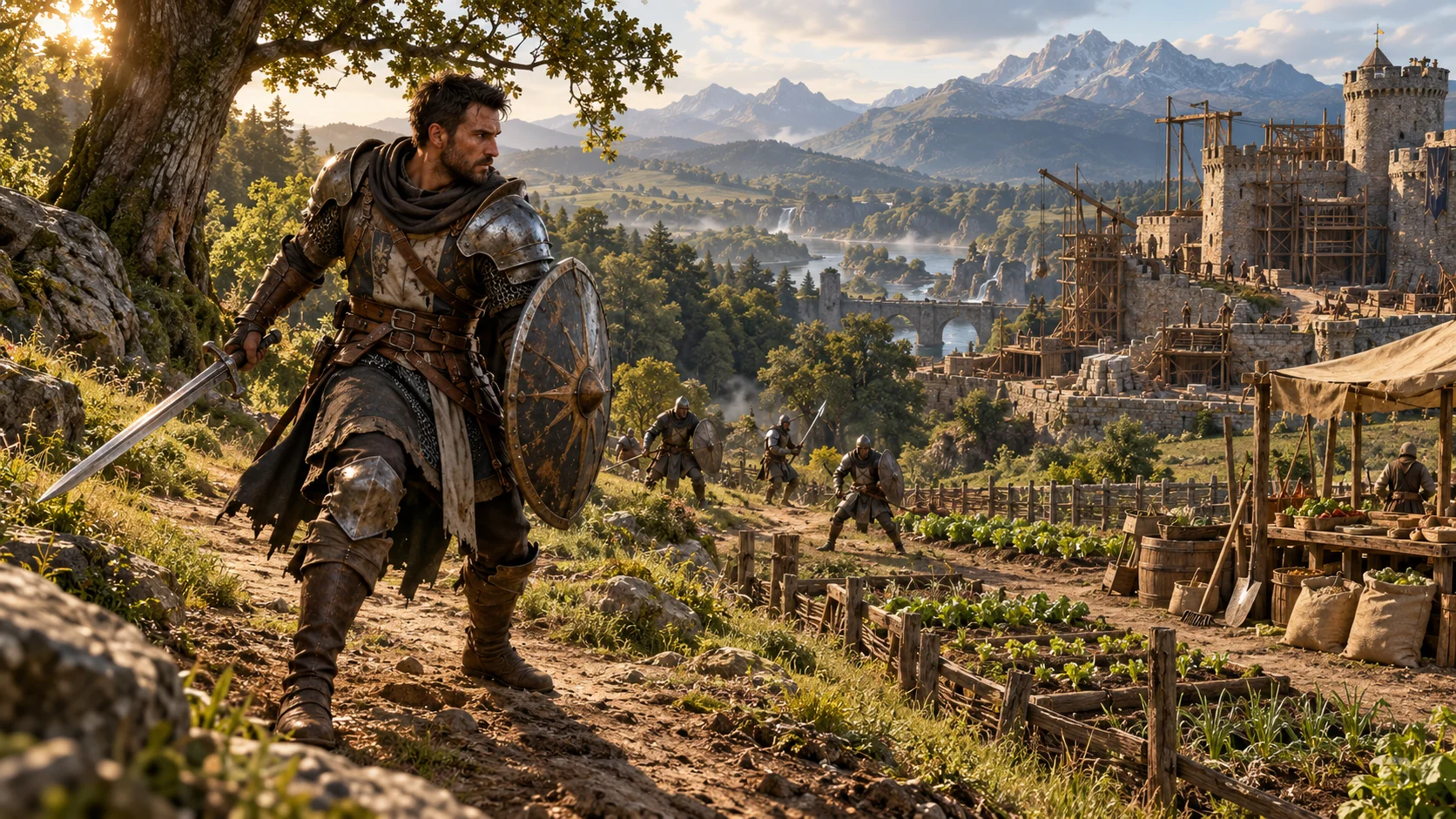 Arte conceitual de guerreiros, plantações e um castelo no vale